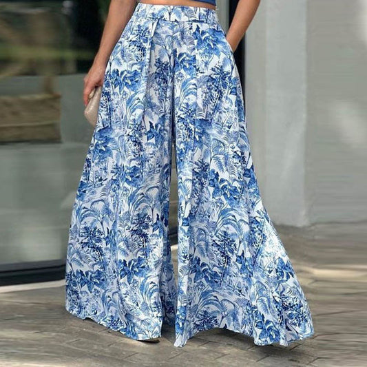 Puff Sleeve Cross Hem Solid Color Top  + Floral Print Wide Leg Pants Women's 2-Piece Sets to 3X Plus Size