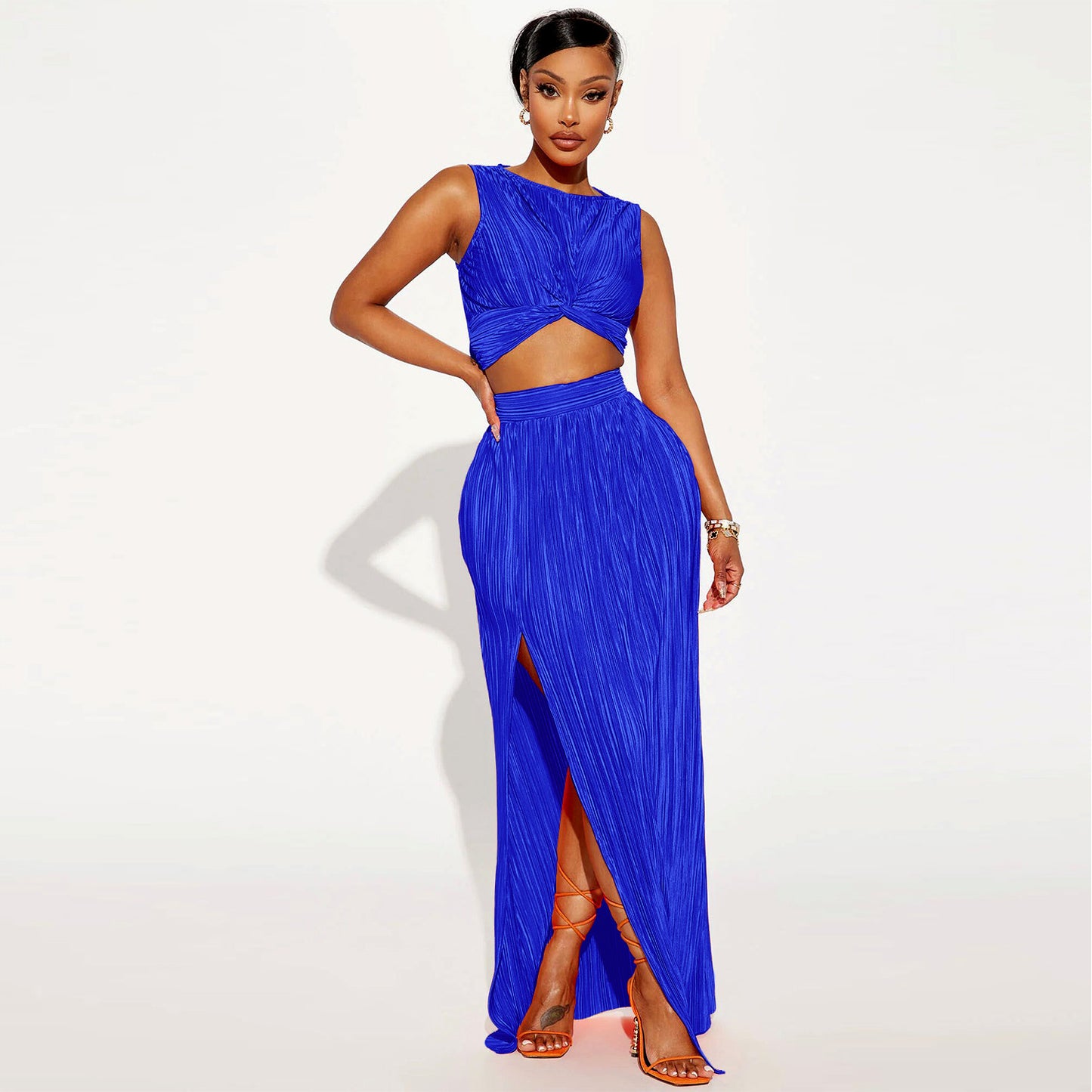 Sleeveless Ribbed Ruched Criss-Cross Hem Crop Top + High Slit Maxi Skirt Women's Solid Color 2-Piece Set