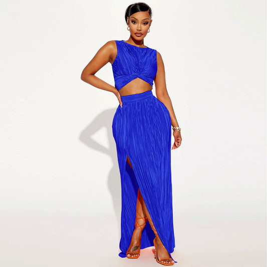 Sleeveless Ribbed Ruched Criss-Cross Hem Crop Top + High Slit Maxi Skirt Women's Solid Color 2-Piece Set