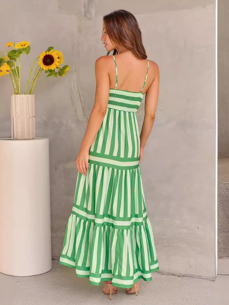 Striped Print Spaghetti Strap Square Neck Backless Maxi Tiered Beach Dress