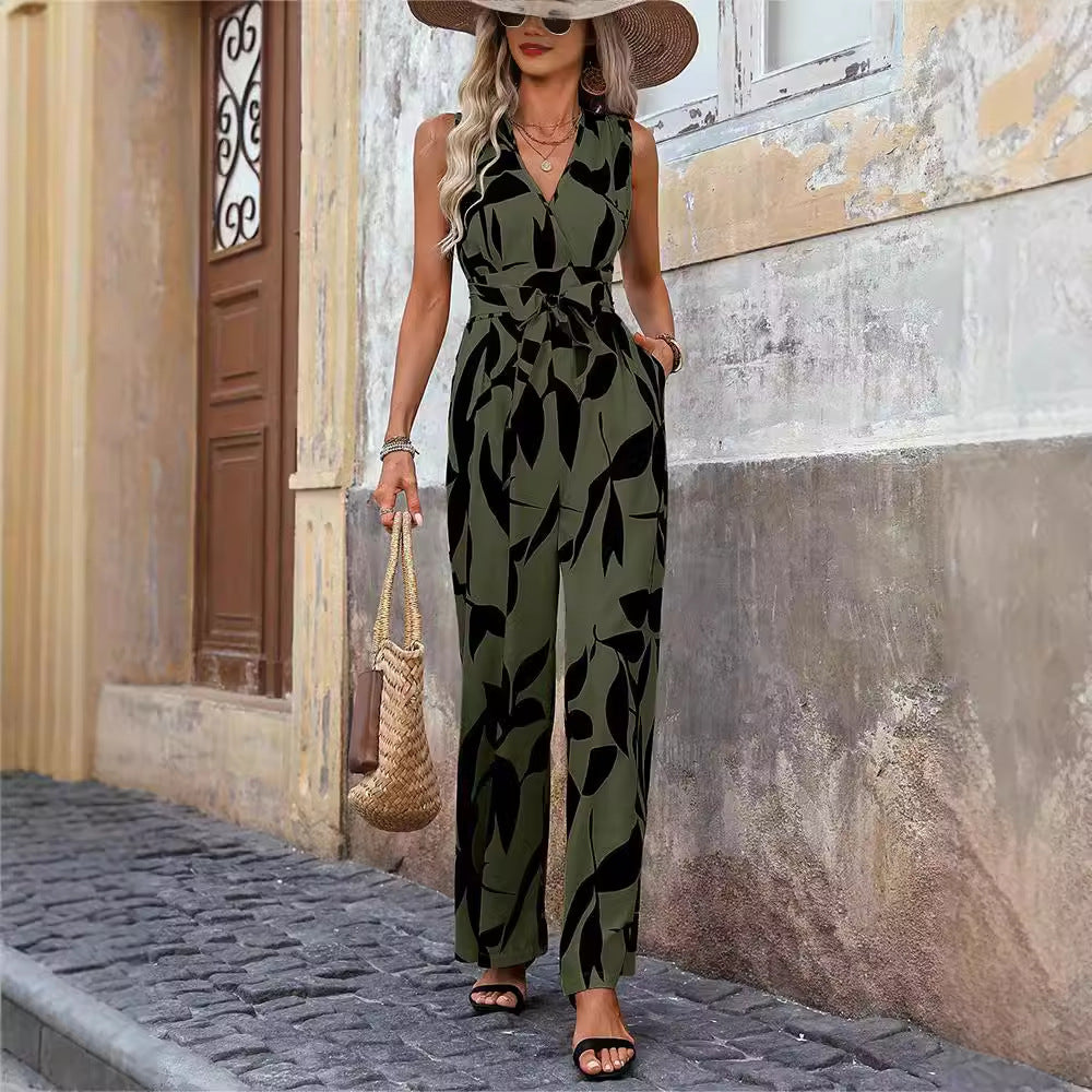 Sleeveless Colorblock Floral Leaf/Geometric Print V-Neck High Waist Lace-Up Women's Wide Leg Jumpsuit