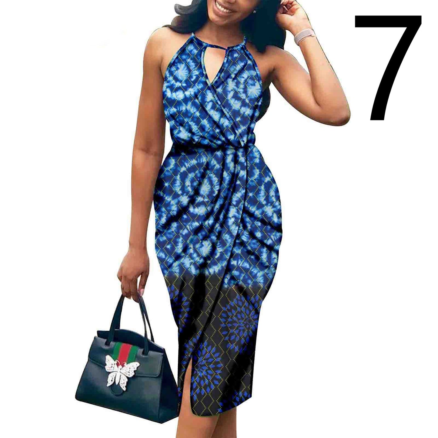 African Print Batik Cotton Sleeveless V-Neck Halter Strap Formal Party Dress to 3X Plus Size