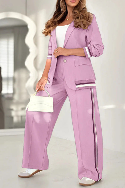 Side Striped Single Button Women's Blazer Jacket + Wide Leg High Waist Trouser Pants Suit to 4X Plus Size