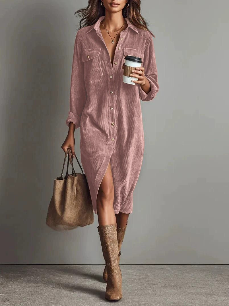 Double Pocket Design Turn-Down Collar Loose Button-Up Long Sleeve Office Midi Shirt Dress to 3X Plus Size