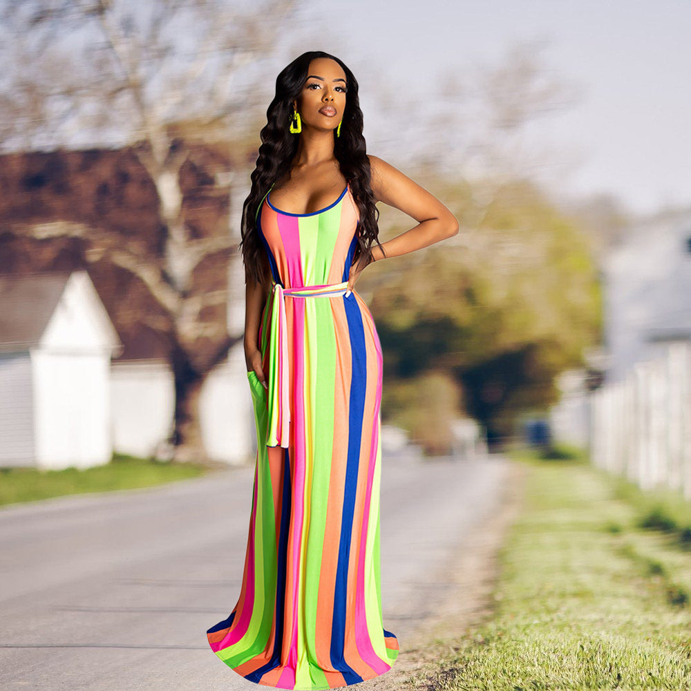 Striped Colorblock Print Sleeveless Spaghetti Strap High Slit Maxi Dress w/ Sash Belt to 3X Plus Size