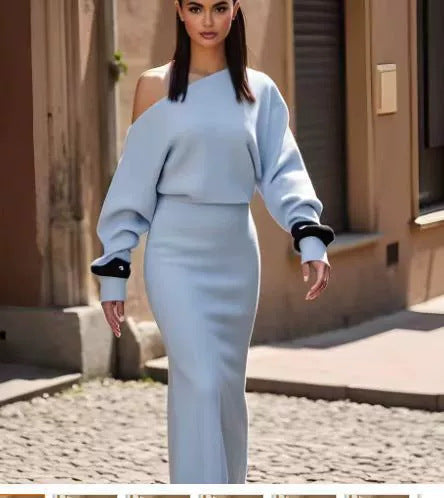 Knitted Skinny Fit Long Sleeve Off-the-Shoulder Solid Color Bodycon Maxi Dress