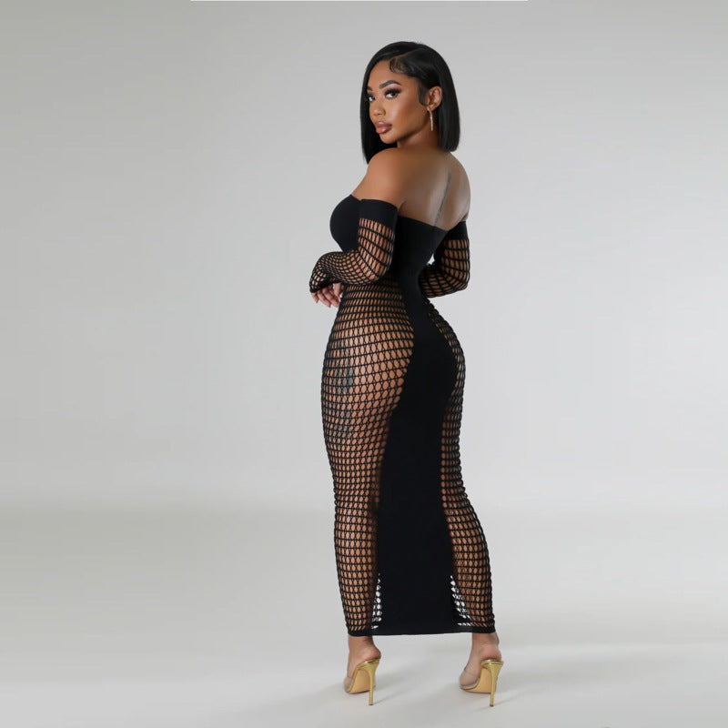 Sexy Lace-Up Solid Color Off-the-Shoulder Long Sleeve Hollow-Out Skinny Knitted Swimsuit Cover-Up/Maxi Dress