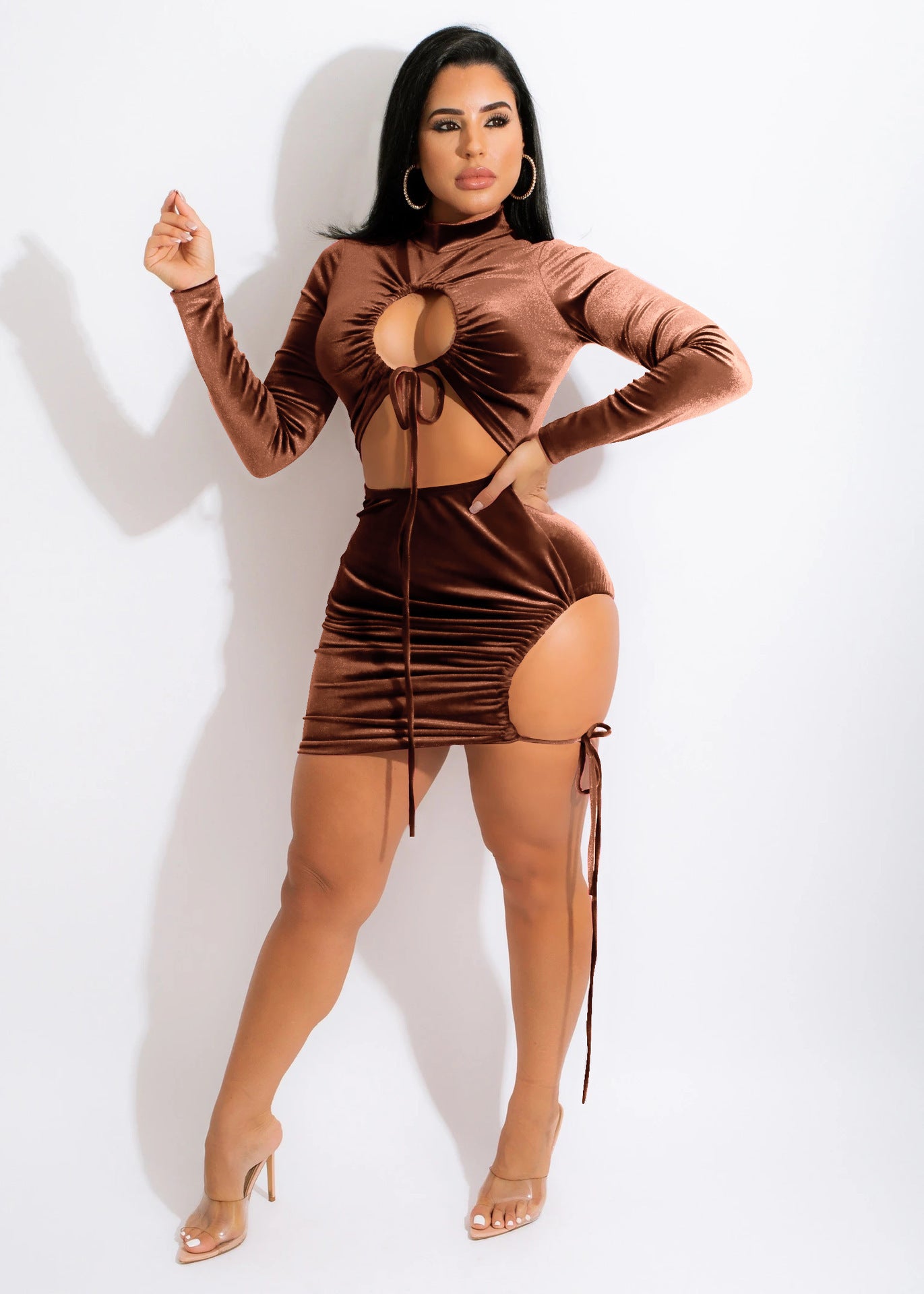 Velvet Lace-Up Drawstring  Solid Color Hollow-Out Long Sleeve Mini Dress