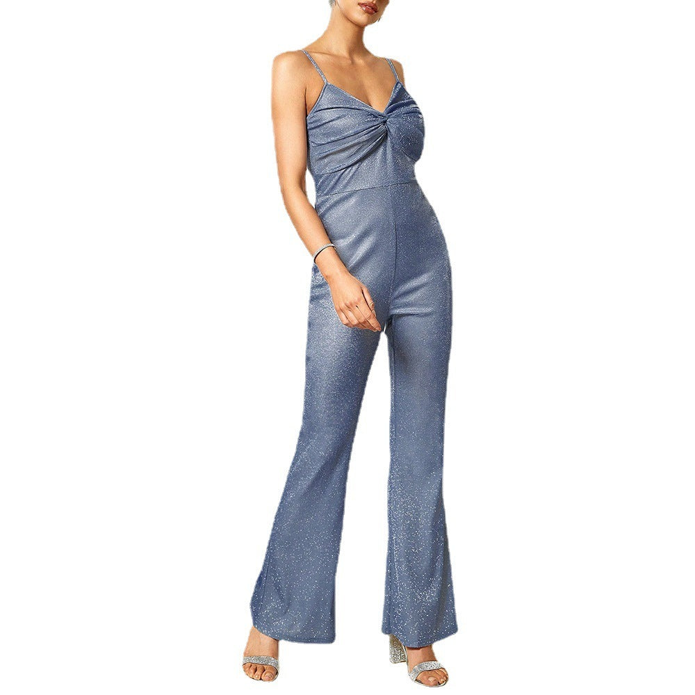 Sequined Pleated Sling Spaghetti Strap V-Neck Backless Women's Flared Leg Jumpsuit