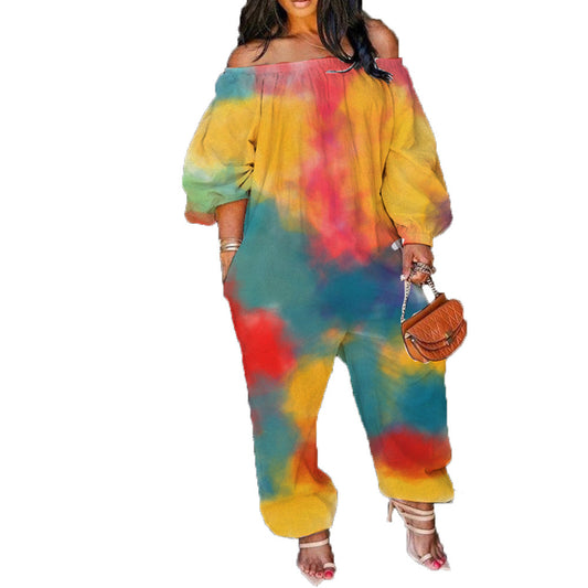 Oversized Tie-Dye Print Off-the-Shoulder Long Sleeve Harem Pants Jumpsuit to 4X Plus Size