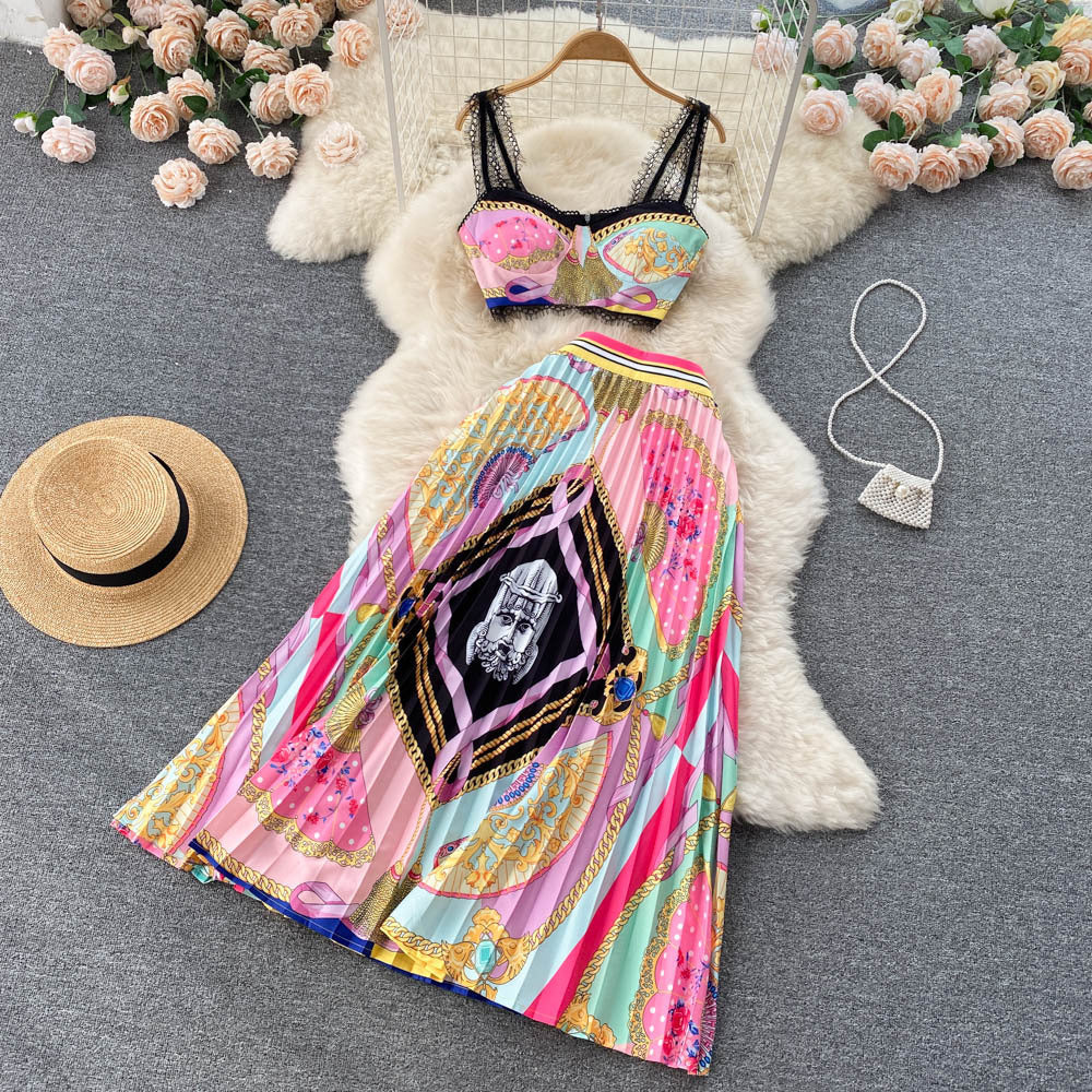 Baroque Lace Stitched Floral Print Crop Tank Top + Pleated Maxi Skirt Women's 2-Piece Set
