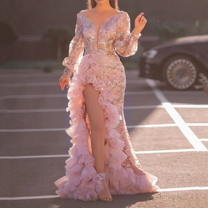 Sequin Mesh Lace Pink Gold Metallic Ruffled Long Sleeve High Slit Evening Formal Party/Prom Maxi Dress