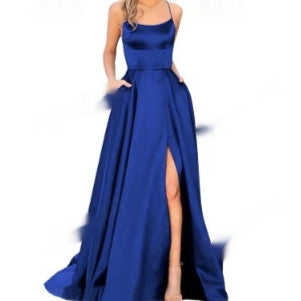 Silk Solid Color Halter Spaghetti Strap High Slit Bridesmaid/Party Formal Dress to 3X Plus Size