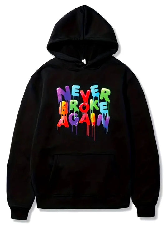 Men's Black "Never Broke Again" Rainbow Letter Print Hip-Hop Hoodie Sweatshirt