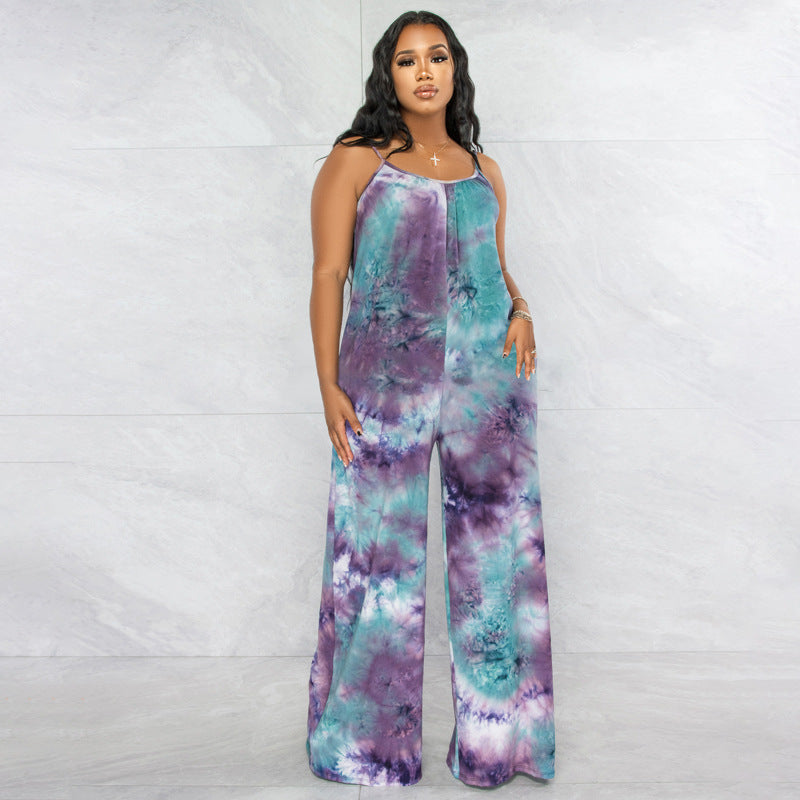 Tie-Dye Print Sleeveless Wide Leg Spaghetti Strap Women's Harem Jumpsuit to 5X Plus Size