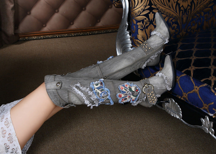 Denim Ripped Women's String Beaded Stiletto Heel Knee-High Jean Boots