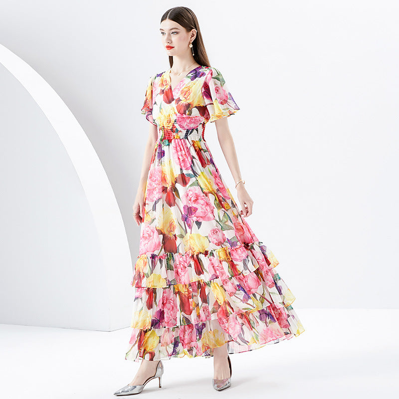 Rose Flower Multi-Colored Print Short Sleeve V-Neck Tiered Ruffled Maxi Dress