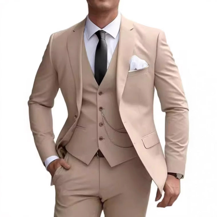 Men's Pocketed Solid Color Single Breasted Blazer w/ Button-Up Vest & Pants 3-Piece Formal Suit