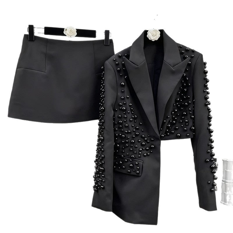 Irregular Hot Drill Pearl Embellished High/Low Deep V-Neck Beaded Blazer Jacket + Mini Skirt Women's Suit