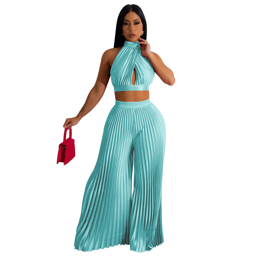 Pleated Women's Halter Silky Crop Top + Elastic Waist Wide Leg Pants 2-Piece Set