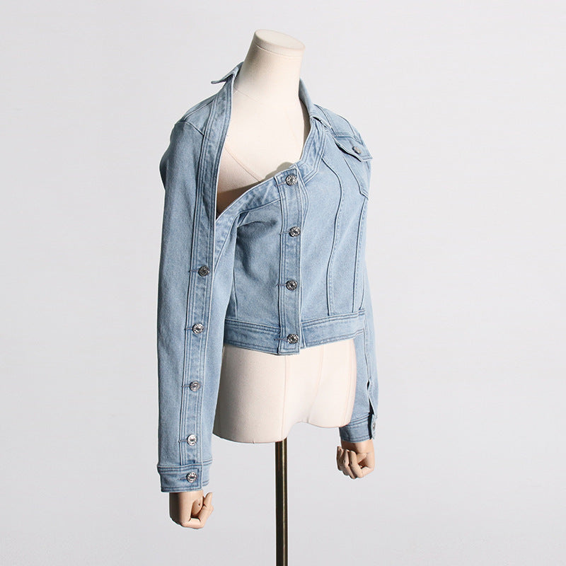 Faded Denim Light Blue Asymmetrical Hollow-Out One Sleeve Women's Irregular Jean Jacket