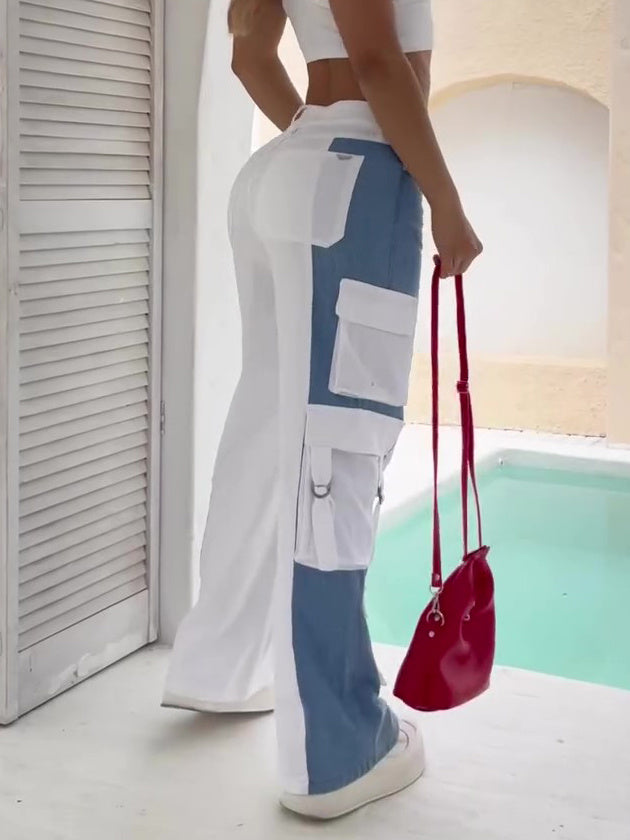 Color Contrast Colorblock White/Blue Pocketed Women's Streetwear Cargo Jeans