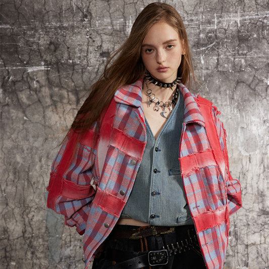 Plaid Checkered Colorblock Paneled Women's Turn-Down Collar Button-Up Coat