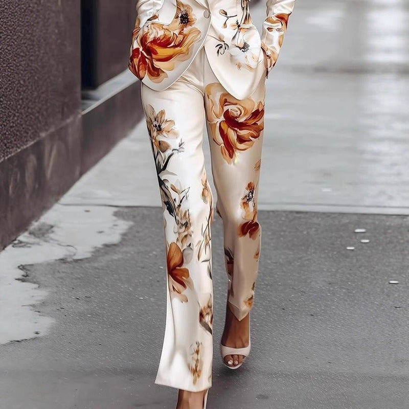 White Satin Flower Print Blazer Jacket + Pants Women's Suit