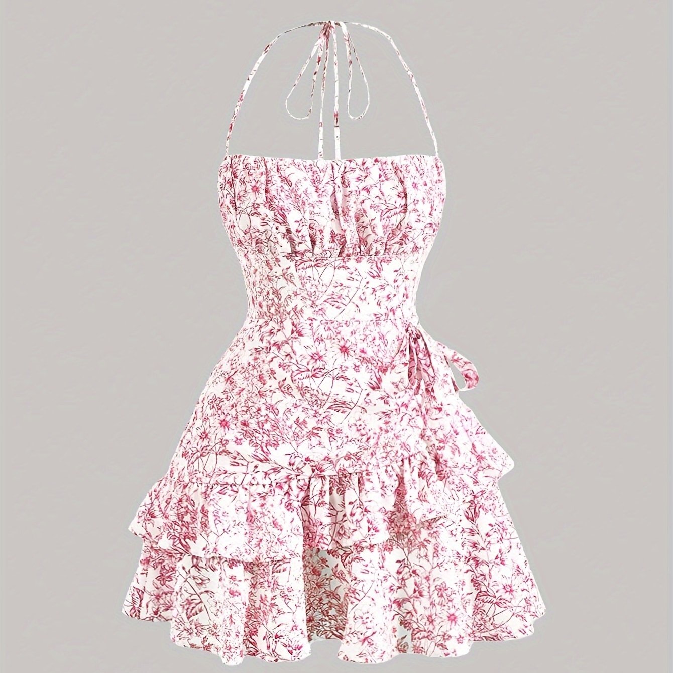 Floral Print Layered Ruffled Hem Halter Sleeveless Mini Dress