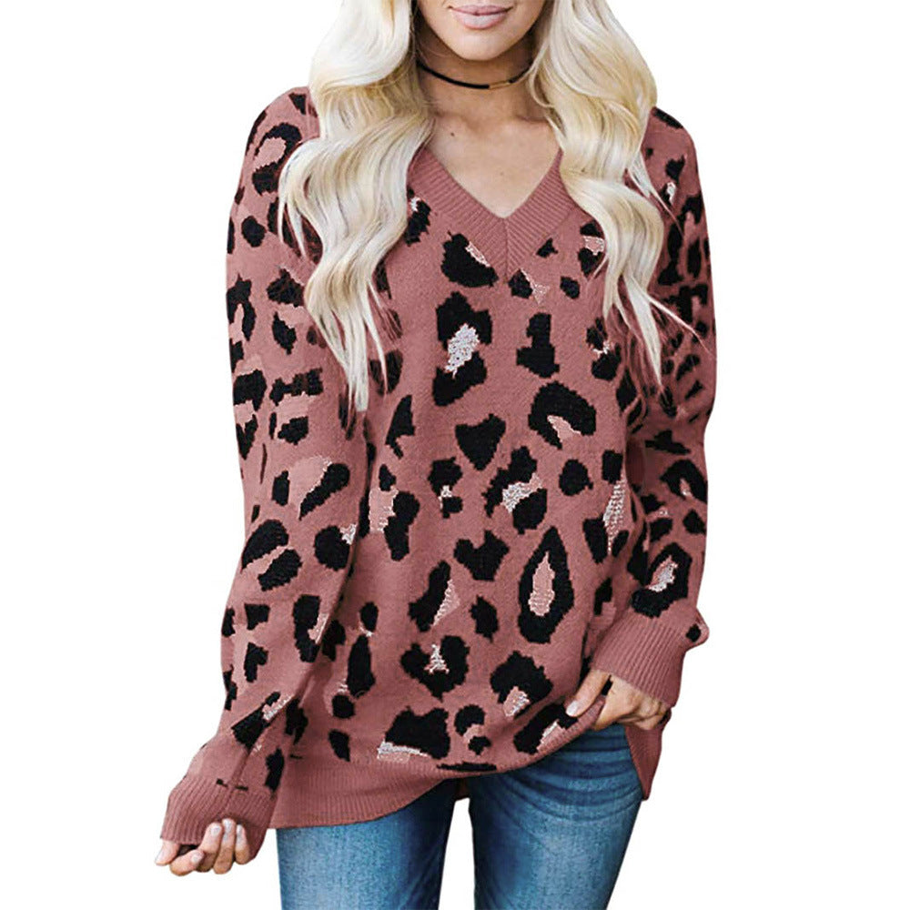 Leopard Jacquard Print V-Neck Women's Long Sleeve Sweater