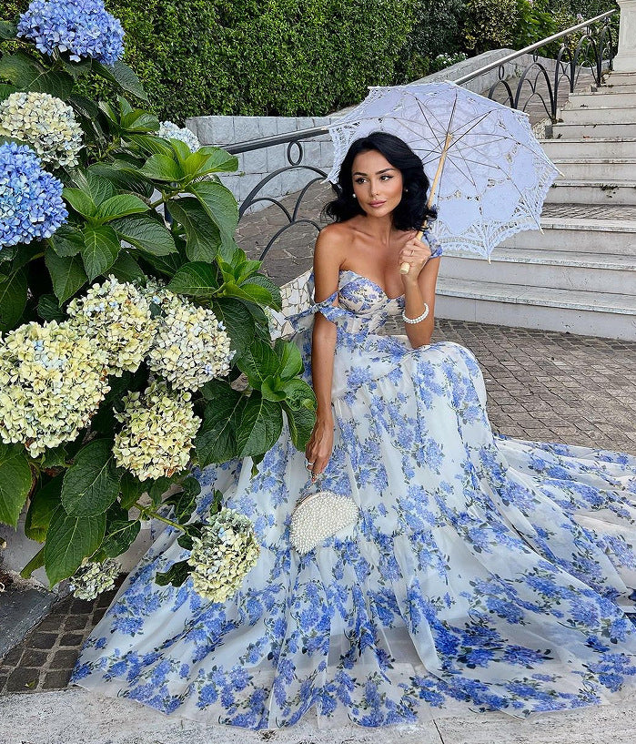 Floral White/Blue Off-the-Shoulder Bowknot Strap Lace-Up Big Swing Organza Maxi Formal Party Dress