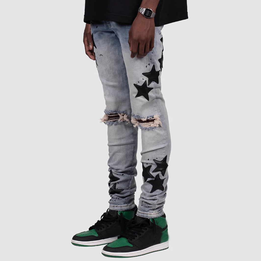 Men's Star Print Hip-Hop Denim Faded Ripped  Skinny Stretch Jeans