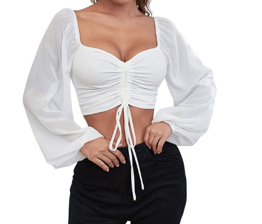 Mesh Ribbed Drawstring V-Neck Long Sleeve Women's Top to 3X Plus Size