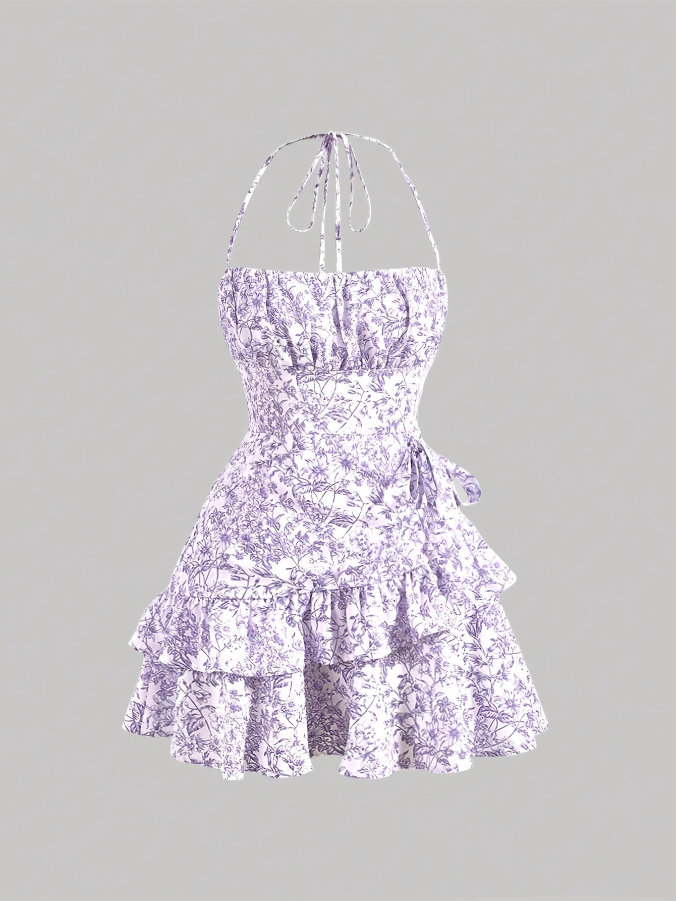 Floral Print Layered Ruffled Hem Halter Sleeveless Mini Dress
