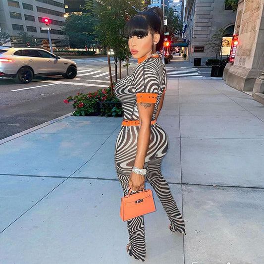 Mesh Sheer Colorblock Striped Women's Short Sleeve Top + Bodycon Leggings 2-Piece Set