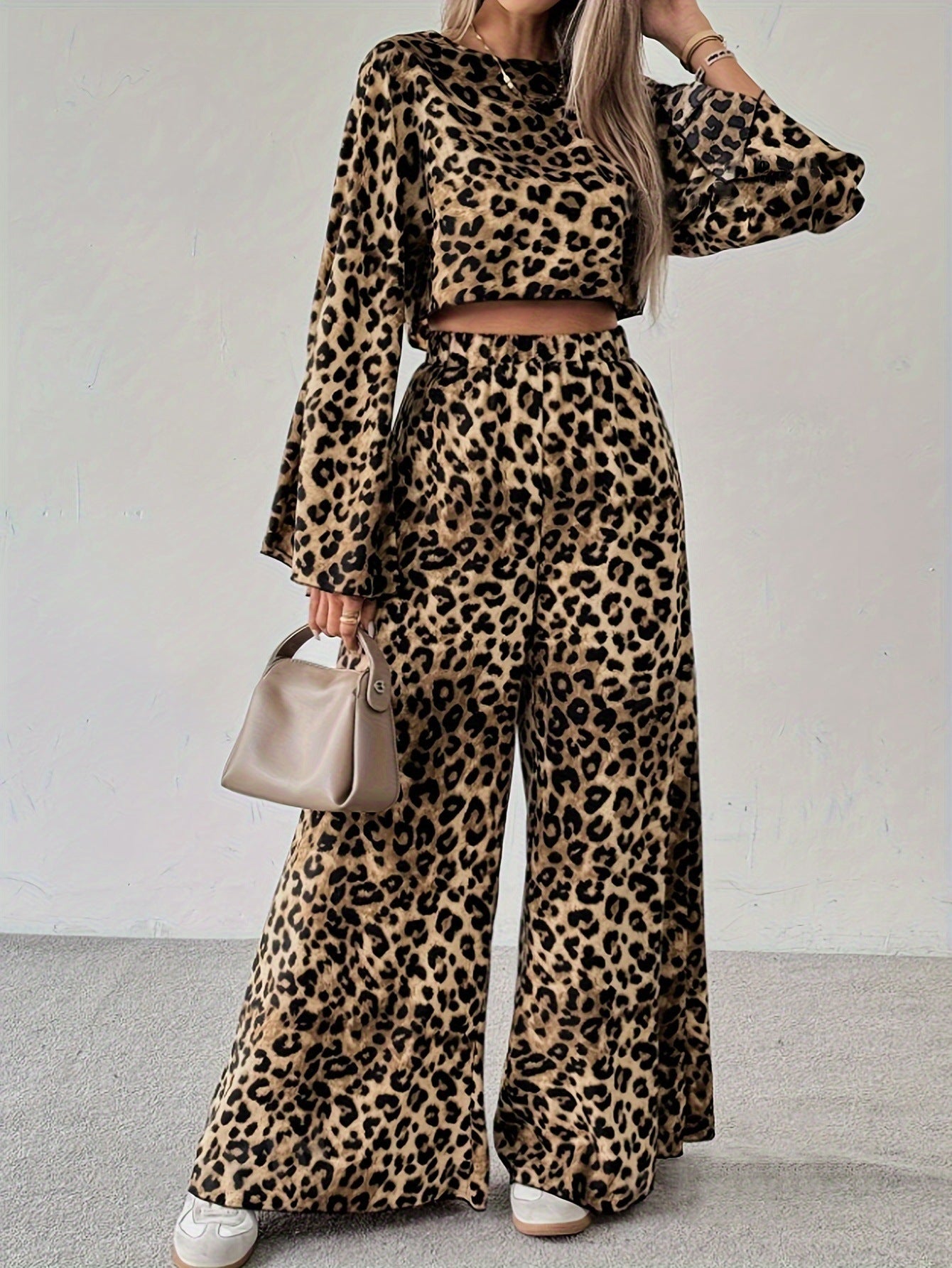 Leopard Print O-Neck Flared Sleeve Crop Blouse + Elastic Waist Pants Women's 2-Piece Set