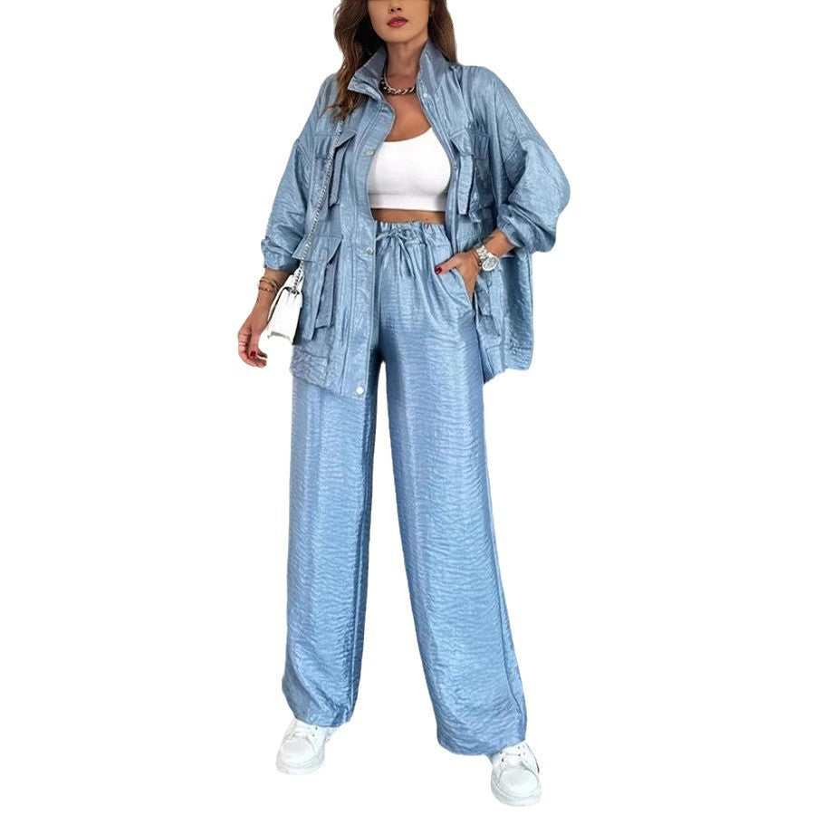 Cargo Multi-Pocketed Women's Button-Up Streetwear Jacket + Drawstring Pants Solid Color 2-Piece Set