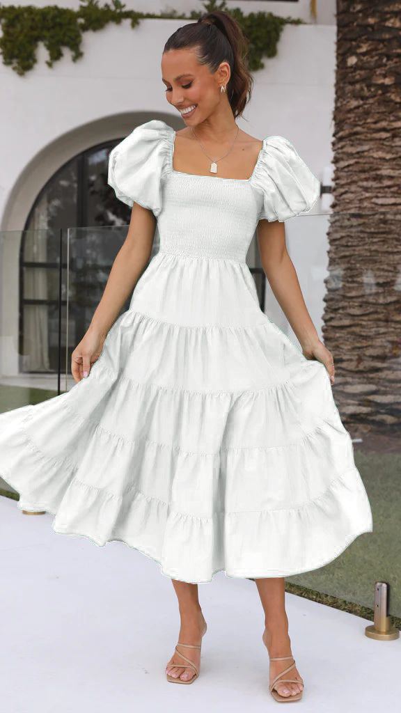 Flower Print Tiered Short Bubble Sleeve High Waist Off-the-Shoulder Bohemian Maxi Dress