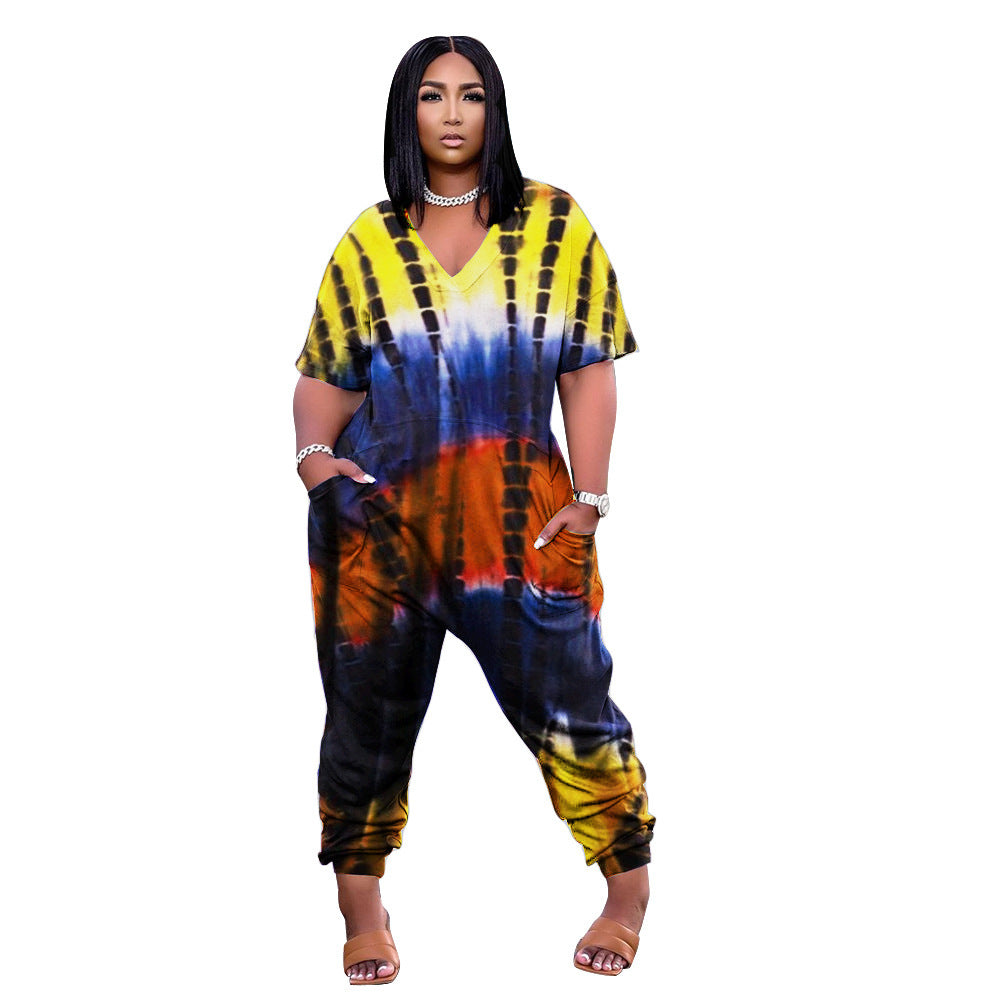 Tie-Dye Colorblock Print Women's Short Sleeve Loose Jumpsuit