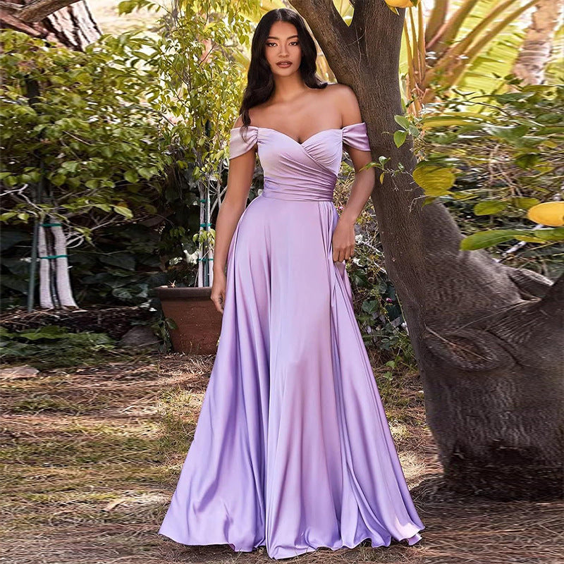 Off-the-Shoulder Corset Design Cinched Waist Solid Color Temperament Bridesmaid/Party Formal Maxi Dress