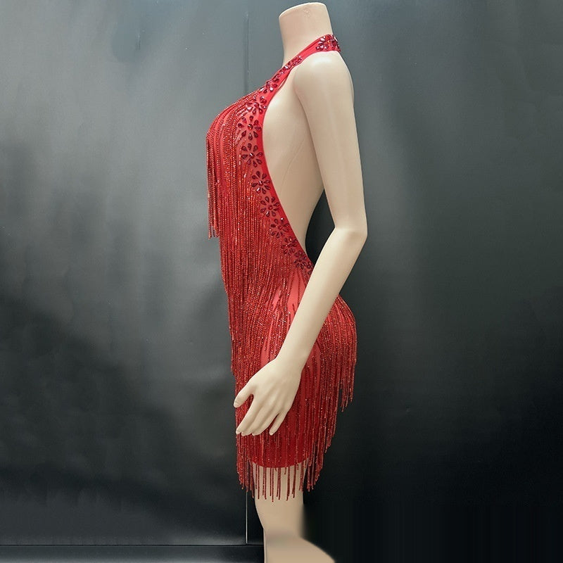 Transparent Sheer Hot Drill Diamond Tassel Fringe Chain Design Backless Sleeveless Formal Mini Party/Prom Dress