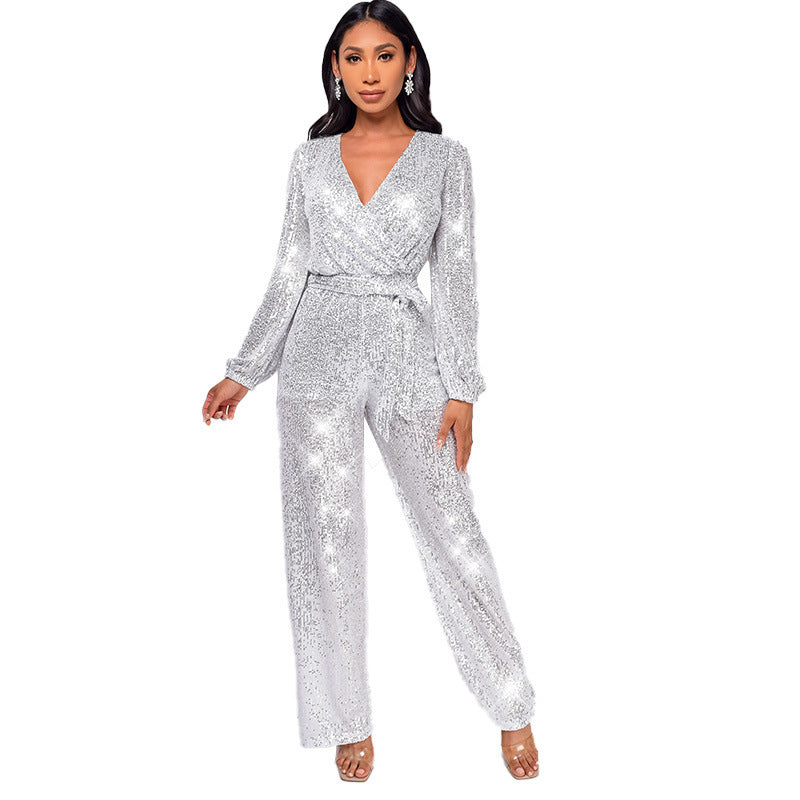 Sparkling Sequin Sash Belt Design V-Neck Long Sleeve High Waist Women's Formal Wide Leg Jumpsuit to 3X Plus Size