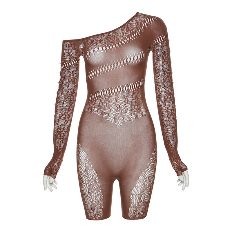 Mesh Transparent Hollow-Out Asymmetrical One Shoulder High Waist Long Sleeve Women's Stretch Shorts Romper
