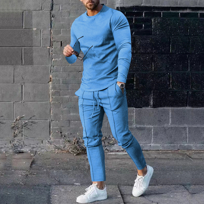 Men's Solid Color 3D Digital Print Long Sleeve O-Neck T-Shirt + Drawstring Pocketed Sweatpants 2-Piece Set