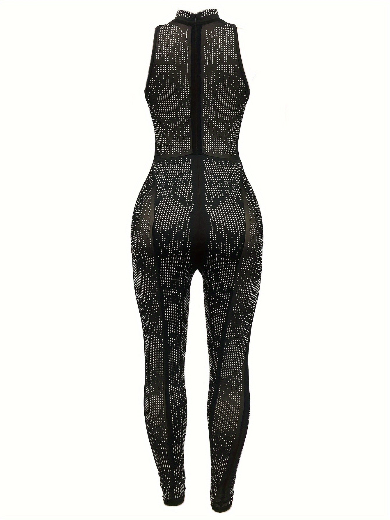 Black Metallic Rhinestone Hollow-Out Mesh Hot Drill Sleeveless Skin Tight Women'S Jumpsuit