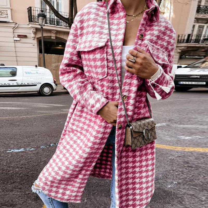 Houndstooth Print Double Pocket Design Women's Turn-Down Collar Maxi Jacket