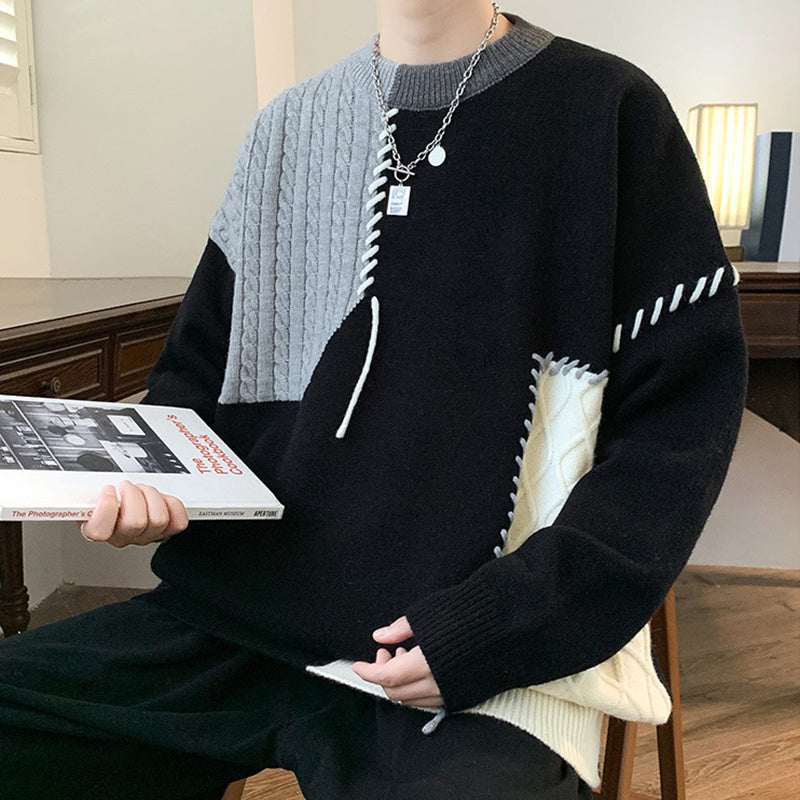Men's Colorblock Stitch Pattern Oversized Hip-Hop Pullover Long Sleeve Sweater