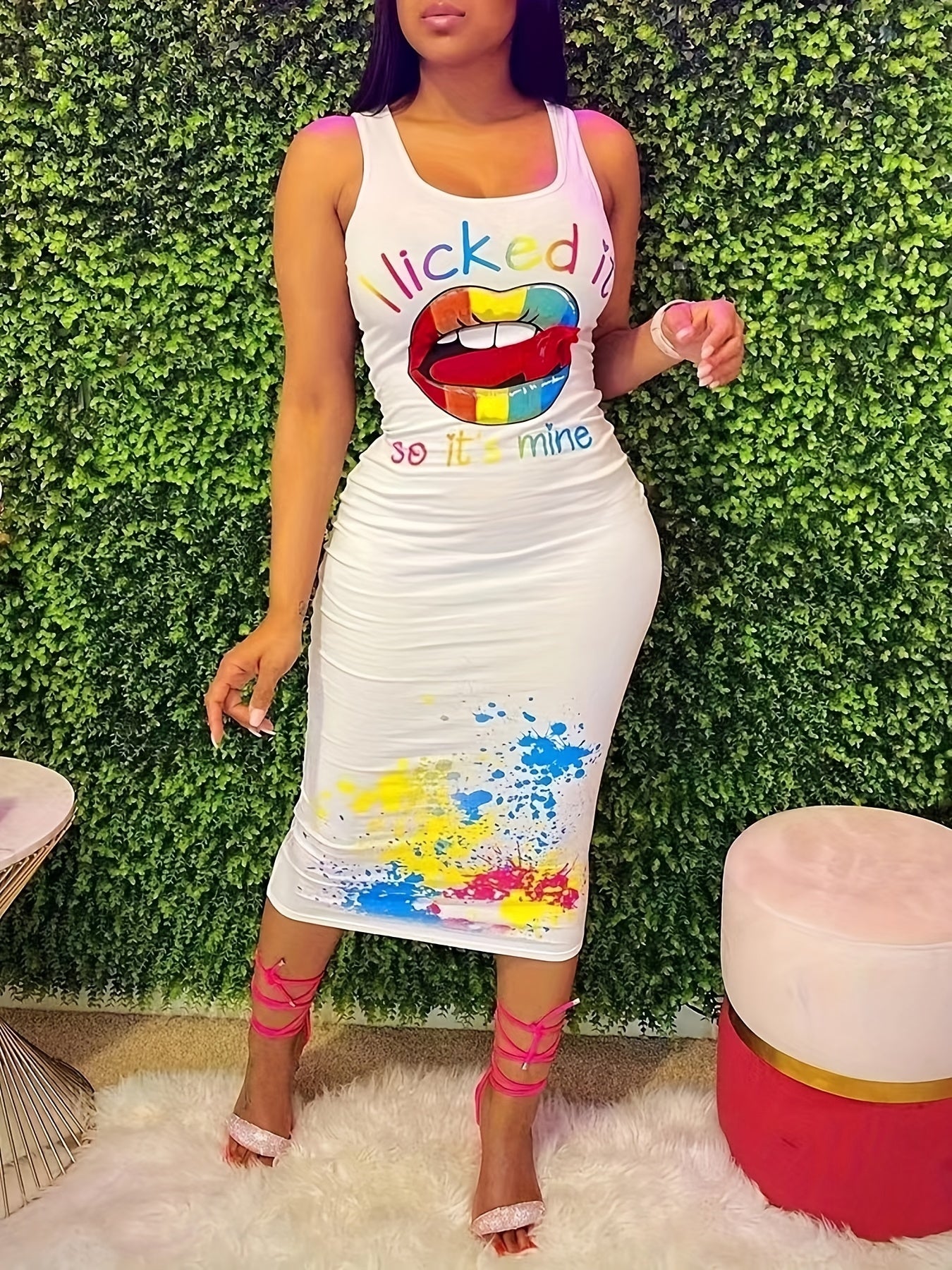 Paint Splatter Lip Print "I Licked It So It's Mine"/Rainbow Abstract Face Print Sleeveless O-Neck Bodycon Midi Tank Dress