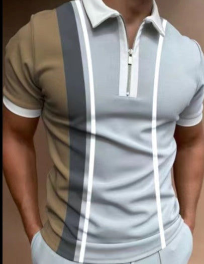 Men's Striped Colorblock Print Short Sleeve Zipper Turn-Down Collar Polo Shirts