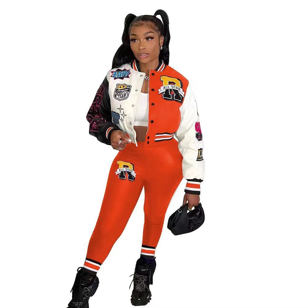Colorblock Varsity Women's Hip-Hop Letterman's Baseball Bomber Jacket + Sweatpants 2-Piece Set